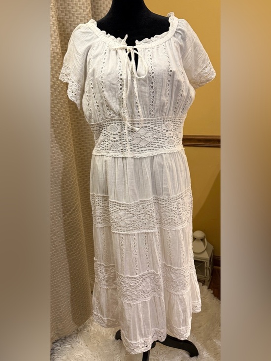 NAOO Dresses & Skirts - NAOO Nation AK Outfits Bohemian White Crochet Tie-Neck Maxi Dress 100% Cotton